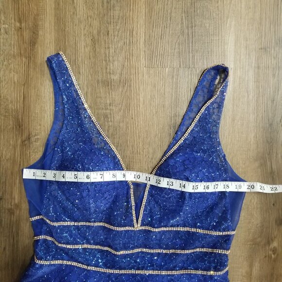 Sz XL Anny Lee Blue Glitter Plunge Illusion Gown with Gold and AB Crystal Trim - Picture 9 of 12
